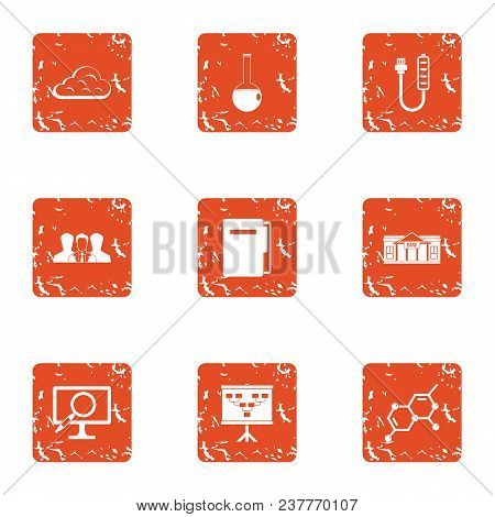 Chemical University Icons Set. Grunge Set Of 9 Chemical University Vector Icons For Web Isolated On 