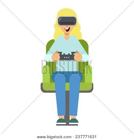 Virtual Reality Glasses Gamer Young Girl Playing Game Sit Armchair Cartoon Character Flat Design. Wo