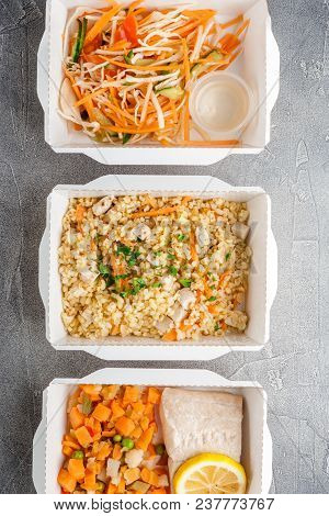 Healthy Food Delivery. Pilov From Bulgur With Chicken, Cabbage Salad With Carrots, Tomatoes And Cucu