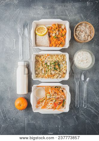 Healthy Food Delivery. Pilov From Bulgur With Chicken, Cabbage Salad With Carrots, Tomatoes And Cucu