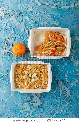 Healthy Food Delivery. Pilov From Bulgur With Chicken, Cabbage Salad With Carrots, Tomatoes And Cucu