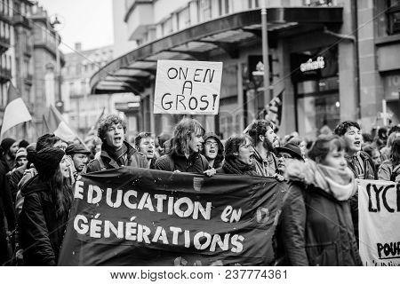 Strasbourg, France  - Mar 22, 2018: Demonstration Protest Against Macron French Government String Of