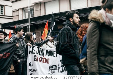 Strasbourg, France  - Mar 22, 2018: Crowd From Jean Monet Lyceum Students At Demonstration Protest A