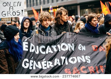 Strasbourg, France  - Mar 22, 2018: Students Education Placard At Demonstration Protest Against Macr