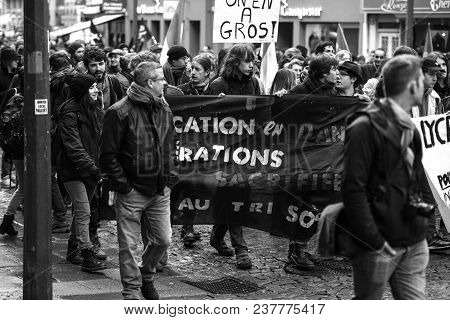 Strasbourg, France  - Mar 22, 2018: Demonstration Protest Against Macron French Government String Of