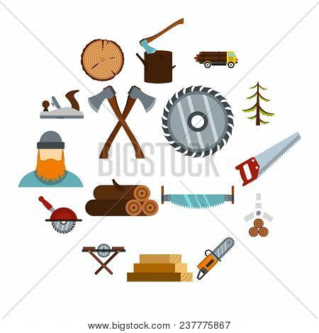 Timber Industry Icons Set In Flat Style. Lumberjack Equipment Set Collection Vector Illustration