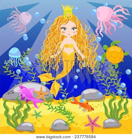 Vector Background With An Underwater World In A Children's Style. A Mermaid Is Sitting On A Rock. Wo