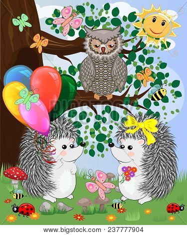 Forest Landscape, Cartoon Illustration With Ladybirds, Mushrooms, Mushrooms, Sun, Hedgehog, Sleepy,