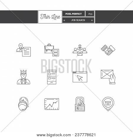 Line Icons Set Of Job Search And Human Resources Objects, Tools And Elements. Team Work, Co-work, In