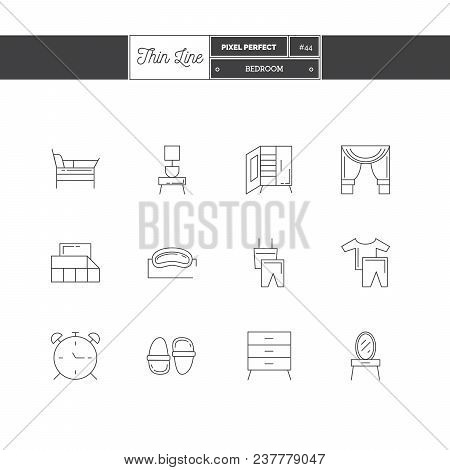 Line Icons Set Of Bad Room Icons Set. Interior And Textile Objects. Icons For Web And Mobile App.