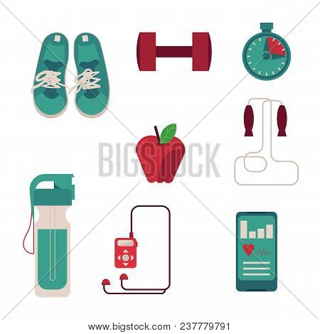Various Sport Equipment Set With Flat Illustration Of Necessary Accessories For Fitness Isolated On 