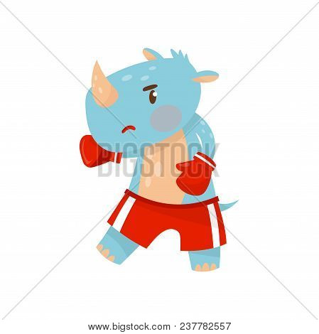 Blue Humanized Rhinoceros In Red Boxing Gloves. Funny Boxer. Active Workout. Cartoon Character Of Wi