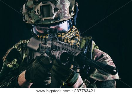 Macro Portrait Of Military Man Sniper