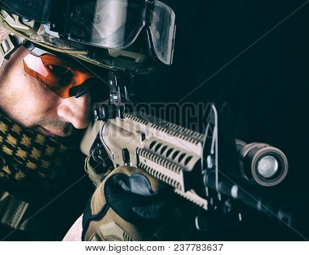 Macro Portrait Of Military Man Sniper