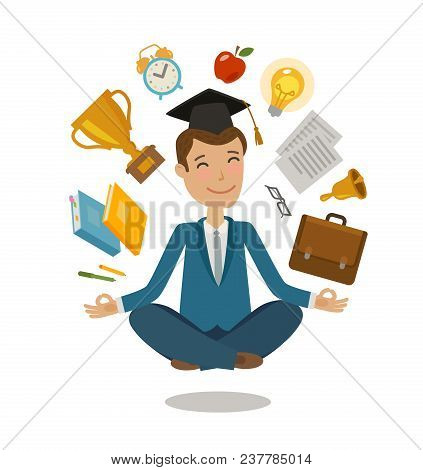 School, College Concept. Funny Student Sitting In Lotus Pose. Vector Illustration Isolated On White 