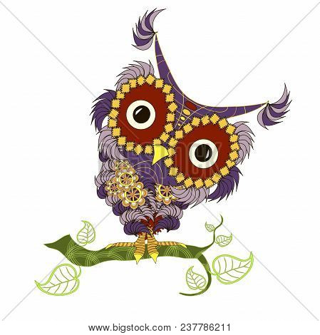 Hand Drawn Violet And Yellow Colorful Cartoon Owl On Green Branch For Coloring Page And Print, Stock