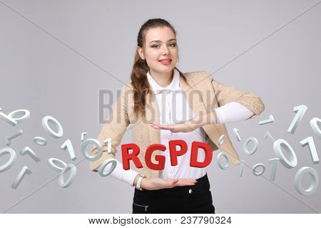 RGPD, Spanish, French and Italian version version of GDPR: Reglamento General de Proteccion de datos. General Data Protection Regulation. Young woman working with information.