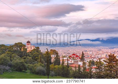 Aerial View Of The Church Of St Marina In Thissio At Sunset In Athens, Greece