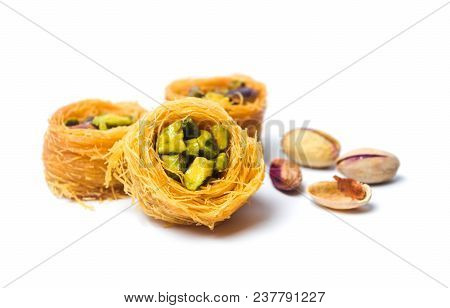 Middle Eastern Dessert With Pistachio Called Mabroume Or Burma Isolated
