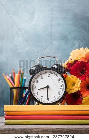 1 September Concept Postcard, Teachers Day, Back To School, Supplies, Alarm Clock, Toned Vintage