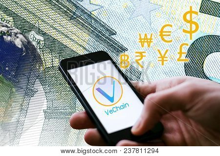 Concept Of Vechain Coin, A Cryptocurrency Blockchain Platform , Digital Money