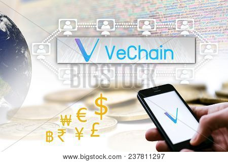 Concept Of Vechain Coin, A Cryptocurrency Blockchain Platform , Digital Money