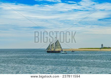 Wo-masted Yacht And Beautiful Landscape Of Ocean Beach Cape Cod Massachusetts Us
