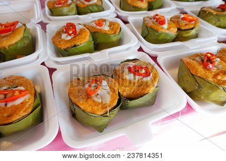 Thai Food Style, Steamed Curried Fish In A Banana Leaf Cup At Street Food,
Scomberomorus Curry Steam