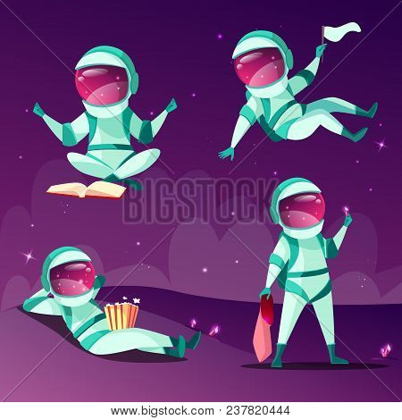 Astronauts In Weightlessness Vector Illustration. Cartoon Astronauts Or Cosmonauts In Zero Gravity O