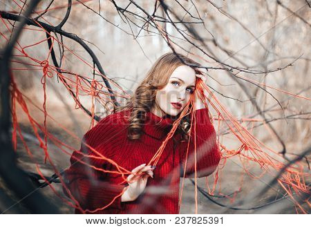 Thai Beautiful Women Suit Spinning Thread On Trees, In Red Dress, Knitten, Yarn, She Has Tangled Tho