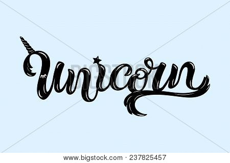 Hand Drawn Unicorn Lettering On Blue Background. Logotype Vector Illustration. Unicorn Word As  Patc