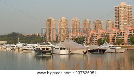 Tuen Mun, Hong Kong, 22 March 2018: Cruise in typhoon shelter in Hong Kong 