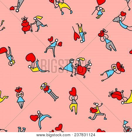 Valentine Day People Background. Seamless Pattern With Shopping Men And Women With Hearts And Shoppi