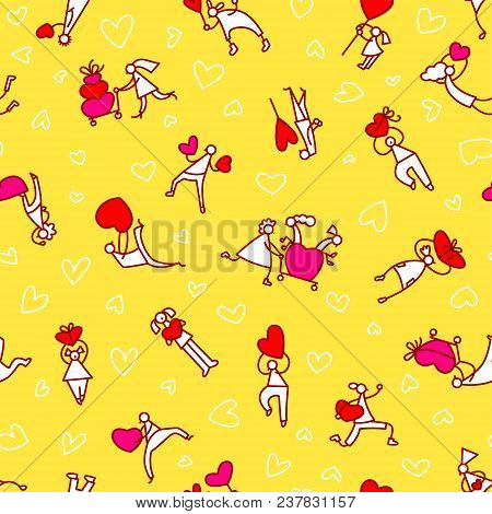 Valentine Day People Seamless Pattern. Background With Shopping Men And Women With Hearts And Shoppi