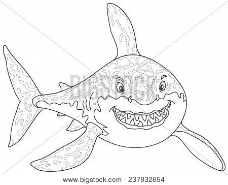 Friendly Smiling Great White Shark Attacking, Black And White Vector Illustrations In A Cartoon Styl