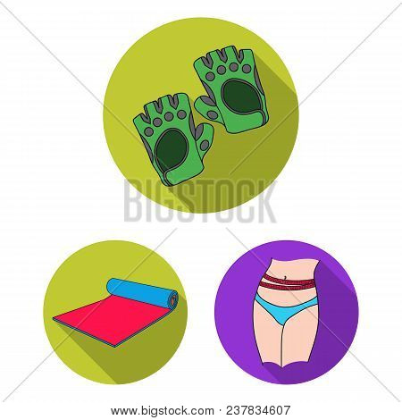 Fitness And Attributes Flat Icons In Set Collection For Design. Fitness Equipment Vector Symbol Stoc