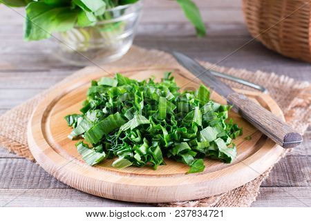 Sliced Ramson Or Wild Garlic On A Cutting Board On The Table