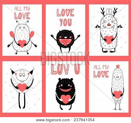 Set Of Hand Drawn Ready To Use Cards, Gift Tags Templates With Cute Funny Cartoon Monsters Holding H