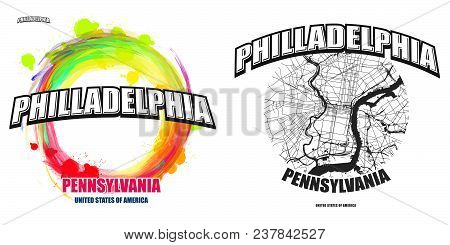 Philadelphia, Pennsylvania, Logo Design. Two In One Vector Arts. Big Logo With Vintage Letters With 