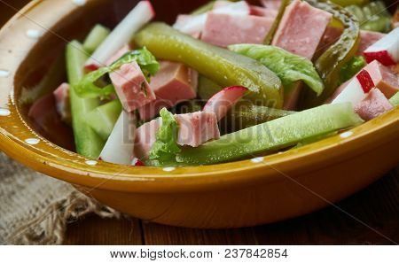 Bavarian Cuisine , Traditional Bayrischer Wurst Salat , Close Up