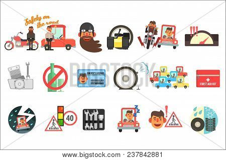 Set Of Cartoon Items Related To Safety On Road. Transport And Motorists. Traffic Codes, Signs, First