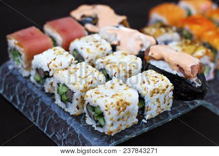 Sushi Rolls Japanese Food On A Glass Plate