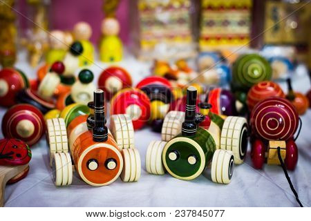 Orange And Green Wooden Rail Roy Car To Be Dragged With Thread. Vintage Wooden Channapatna Toy