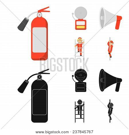 Fire Extinguisher, Alarm, Megaphone, Fireman On The Stairs. Fire Departmentset Set Collection Icons 