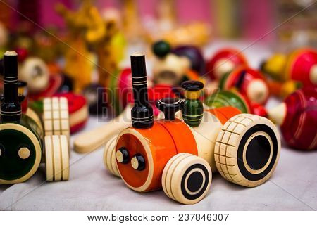 Orange Wooden Rail Roy Car To Be Dragged With Thread. Vintage Wooden Channapatna Toy