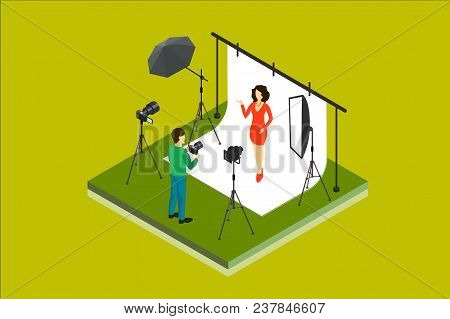 Professional Photographer Shooting Model In Studio. Photo Equipment Digital Camera, Softbox, Spotlig