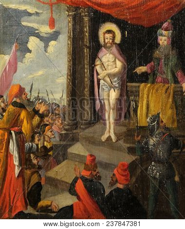 VELIKA MLAKA, CROATIA - MARCH 28: The Trial of Jesus Christ, altarpiece in the Church of the Saint Barbara in Velika Mlaka, Croatia on March 28, 2017.