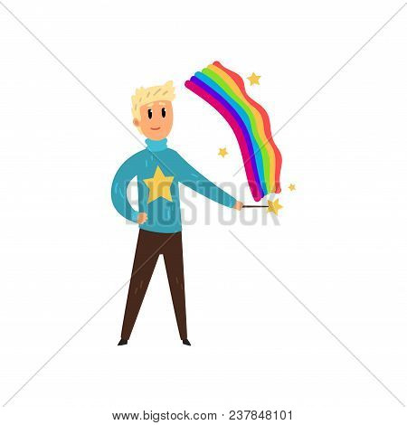 Man Creating Colorful Rainbow By Magic Stick. Magician In Blue Sweater And Brown Pants. Young Circus