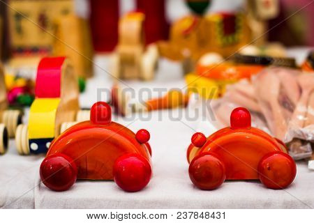 Two Colourful Wooden Channapatna Cars. Vintage Toy To Be Dragged By Thread.