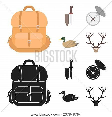 Knife With A Cover, A Duck, A Deer Horn, A Compass With A Lid.hunting Set Collection Icons In Cartoo